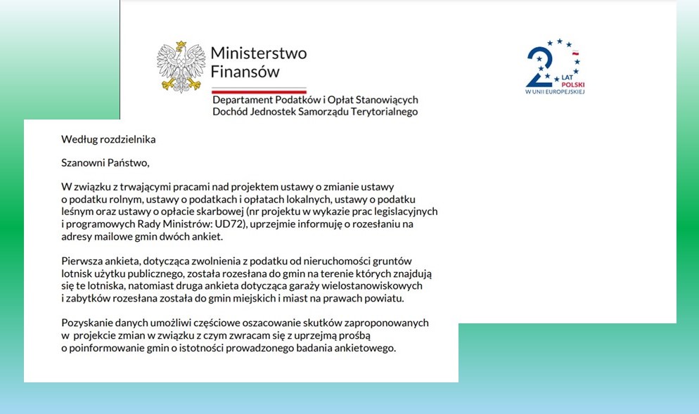 Apel o szybkie udzielenie odpowiedzi Ministerstwu Finansów na przesłane do zainteresowanych gmin pytania ankietowe w zakresie skutków zwolnień od podatku od nieruchomości