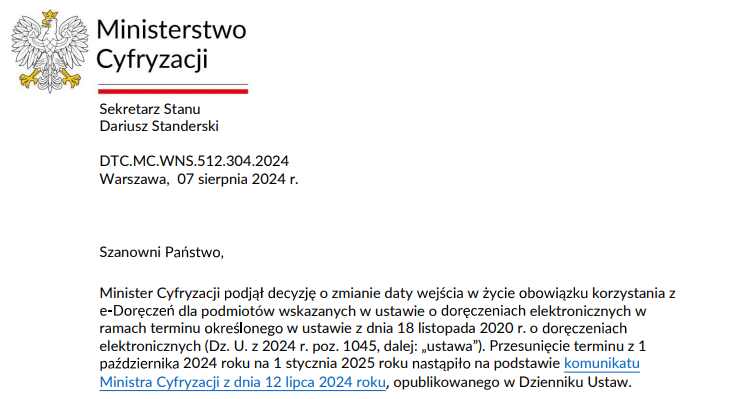 Przesunięty termin wejścia w życie obowiązku korzystania z e-Doręczeń