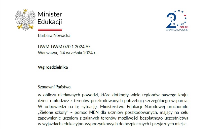 Pomoc dla uczniów z terenów dotkniętych przez powódź – prośba Minister Edukacji