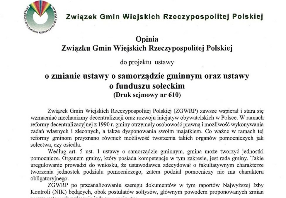 Projekt ustawy z negatywną opinią ZGWRP