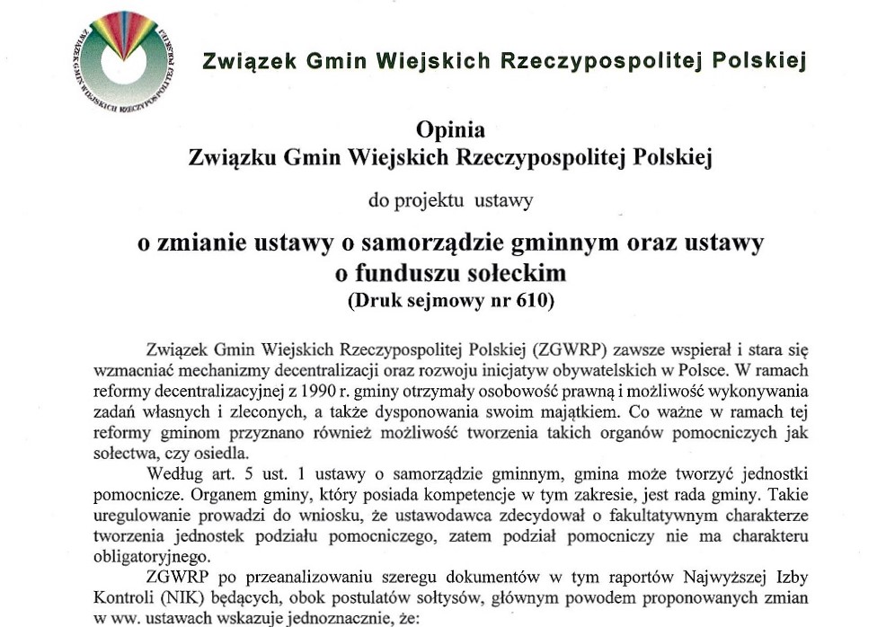 opinia do projektu ustawy o zmianie ustawy o samorządzie gminnym oraz ustawy o funduszu sołeckim (Druk sejmowy nr 610)